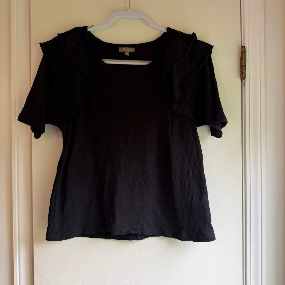 Lilla P Black 100% Cotton Slub Ruffle Shoulder Scoop Neck Top Small
